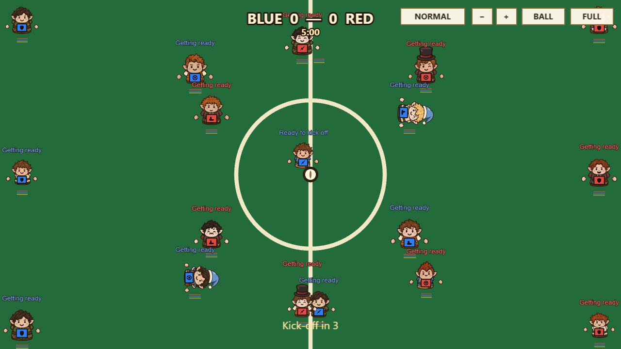 FootBrawl Alpha match showing red and blue fantasy football teams on the pitch